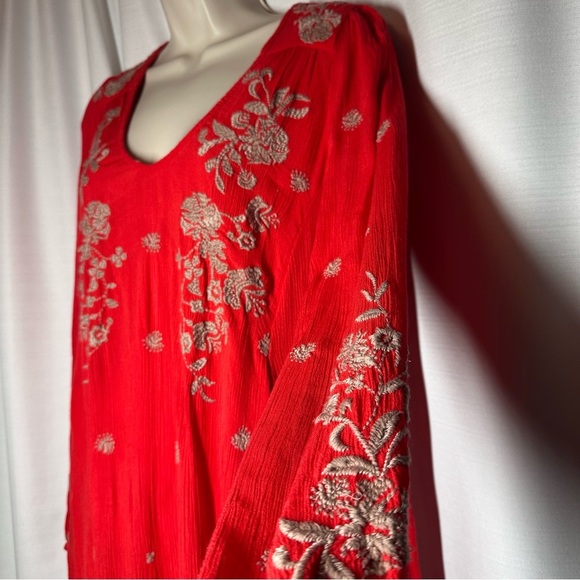 Free People Sweet Tennessee Red Floral Embroidered Mini Tunic Dress S Boho Beach - Picture 6 of 14